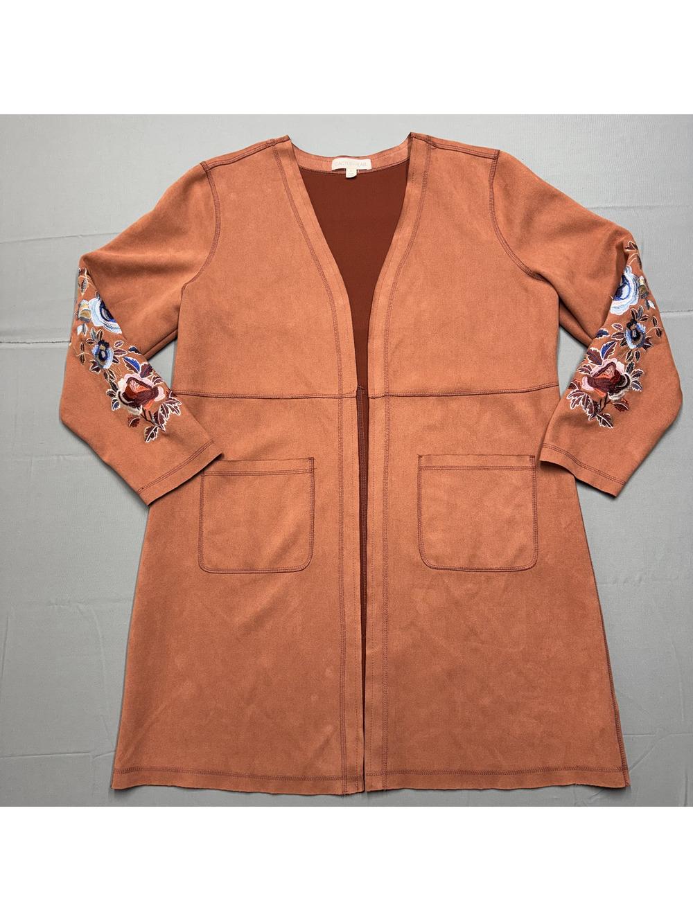 Cactus + Pearl Rust Orange Faux Suede Embroidered Floral Duster Cardigan L